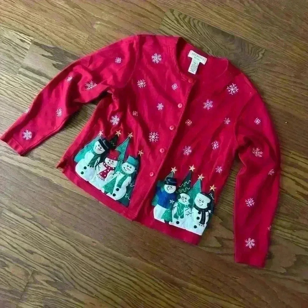 Vintage Embroidered Snowman Cardigan Ugly Christmas Sweater Petite Small Cottage - Picture 3 of 11
